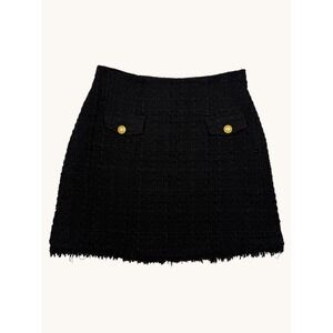 Express Black Tweed Mini Skirt Gold Button Frayed Hem Boucle High Waist Size 00